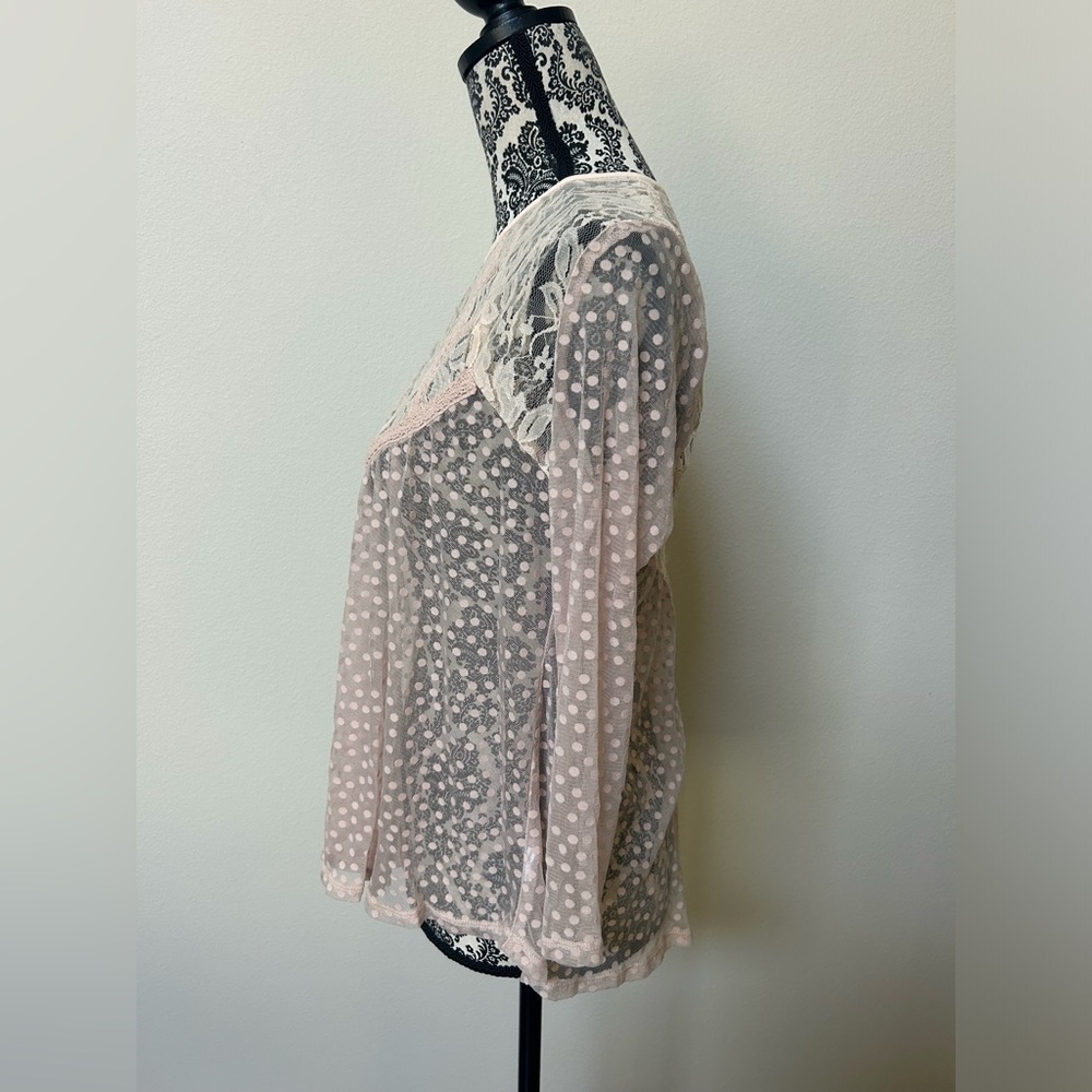 Frenchi Sheer Lace Polka Dot Babydoll Blouse Dusty Pink M - Picture 3 of 7